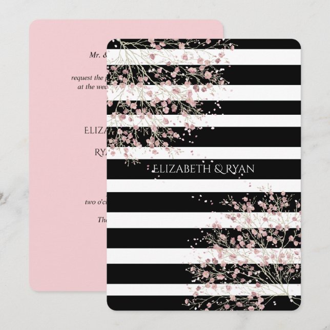 Klassische, schwarze und weiße Streifen, Kirschblo Einladung (Vorne/Hinten)