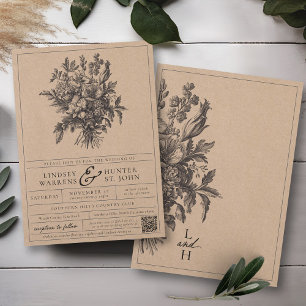 Klassische schwarze Vintage-Blumen-Rustik-Kraft-Ho Einladung