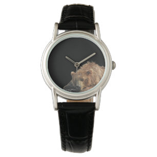 Klassische Schwarzlederuhr mit Grizzlybär Armbanduhr