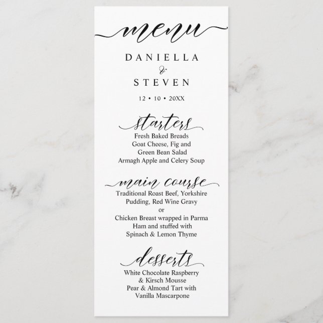 Klassische Script Calligraphy Wedding Menu Card Menükarte (Vorderseite)