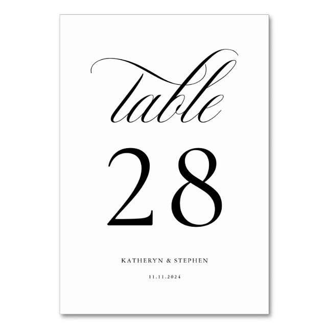 Klassische Script-Elegant-Hochzeit-Tischnummer 28 Tischnummer (Vorderseite)