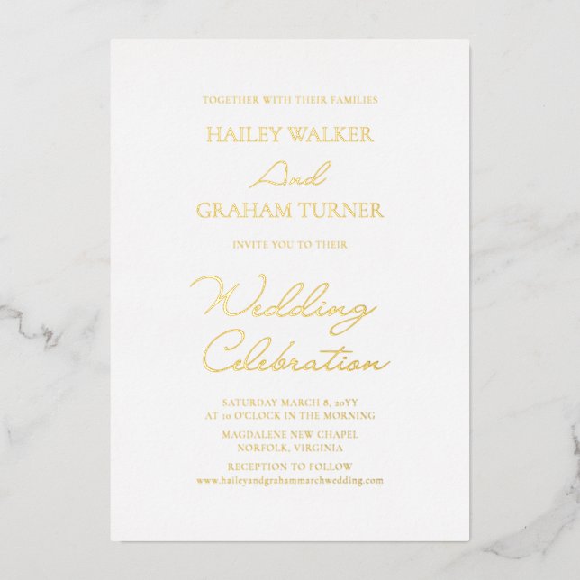 Klassische Script Minimal Calligraphy White Weddin Folieneinladung (Vorderseite)