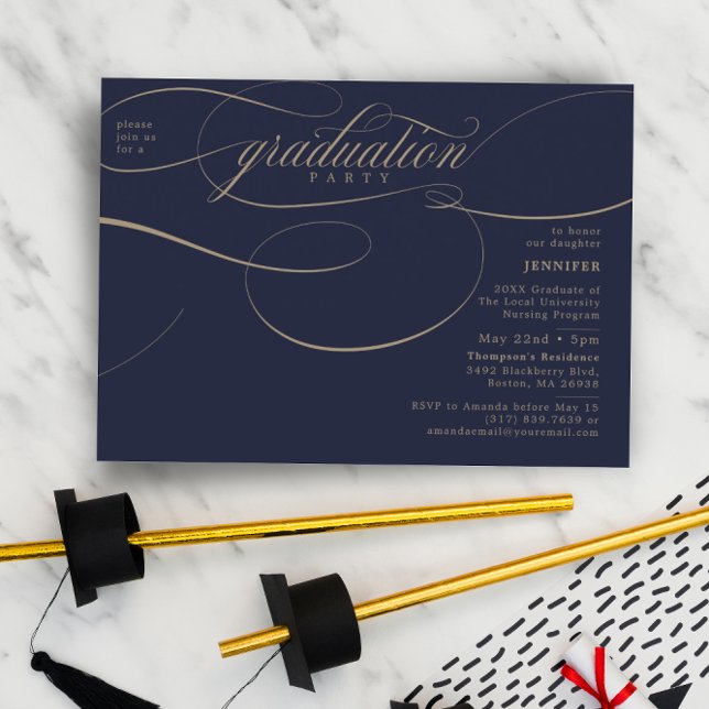 Klassische Script-Navy & Gold-Graduation Party Einladung (Von Creator hochgeladen)
