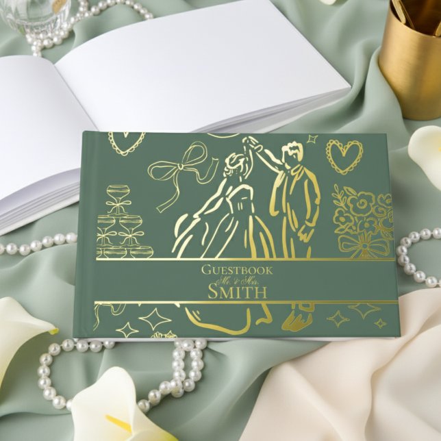 Klassische Seite Grüne Hand Hochzeitskunst Gästebuch (Remember your special day with this keepsake Gold Foil Guest Book!)