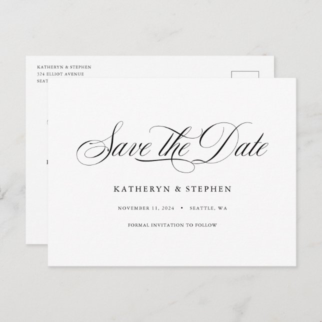Klassische Skriptkalligrafie Save the Date elegant Postkarte (Vorne/Hinten)