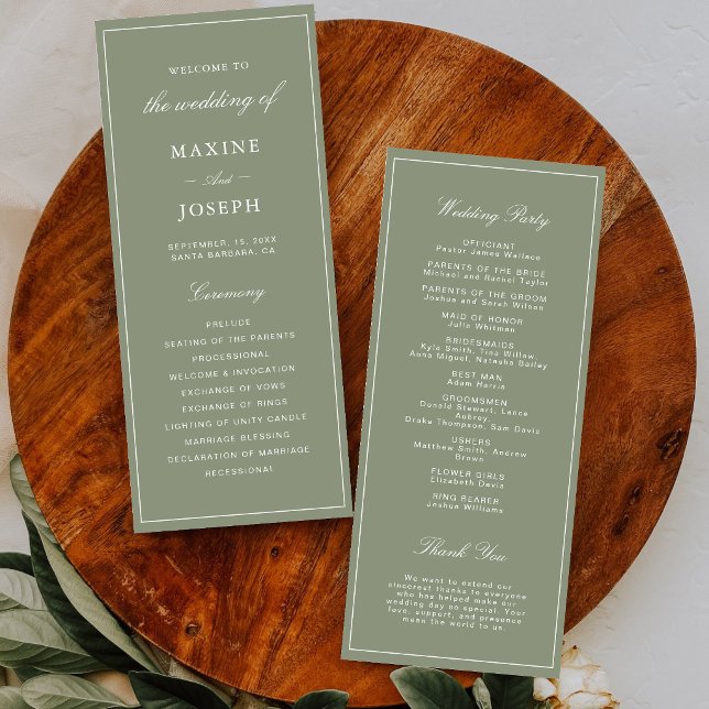 Klassische staubgrüne Schrift Hochzeit Programm (Classic dusty green wedding programs guide guests through your celebration with timeless elegance.)