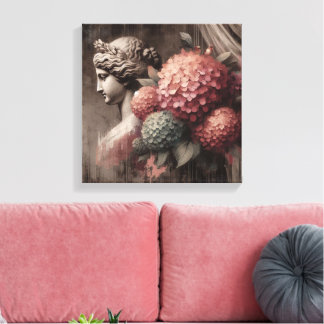 Klassische Szene mit Gipsumstatue und Hydrangea Leinwanddruck