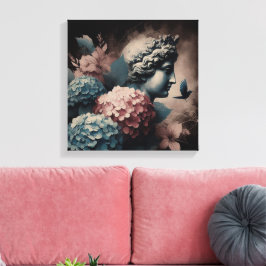 Klassische Szene mit Gipsumstatue und Hydrangea Leinwanddruck