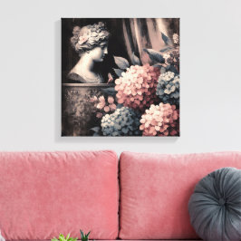 Klassische Szene mit Gipsumstatue und Hydrangea Leinwanddruck