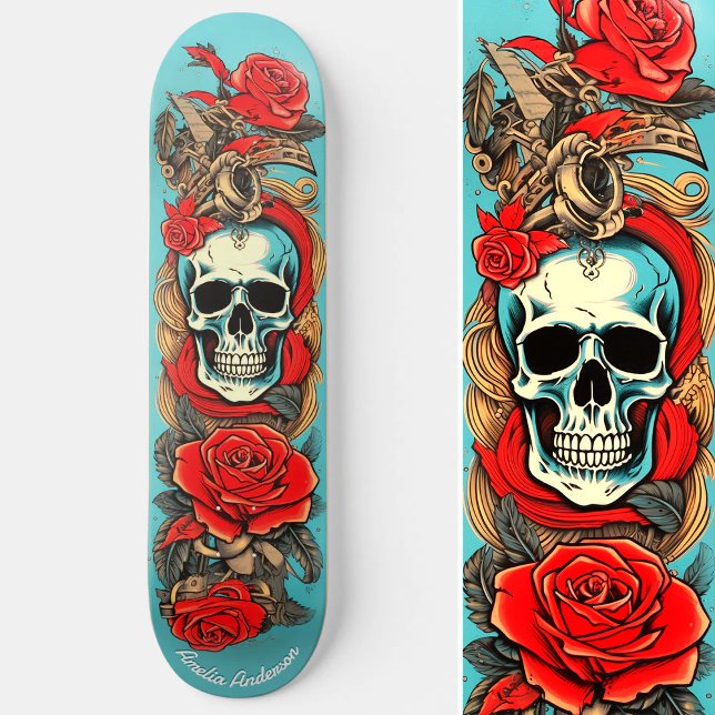 Klassische Tattoo Art Skull Rose Schöne Elemente Skateboard (Classic Tattoo Art Skull Rose Nautical Elements Skateboard)
