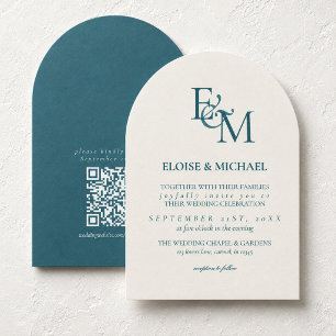 Klassische Tealblaue Monogramm-Minimalismus-Hochze Einladung