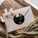 Klassische tropische Liebe & Dankesfeier Runder Aufkleber<br><div class="desc">Dieses klassische tropische schwarze Liebe & dank Hochzeitsklassiker runden Aufkleber ist perfekt für eine rustikale Hochzeit. Das künstlerische Bordo Marsala-Design ist mit Aquarell,  Grün,  Rosa,  Bordeaux und Rosa Rose mit Grünpflanzen in einem anmutigen und strahlenden Bouquet in der Blume eingerichtet.</div>