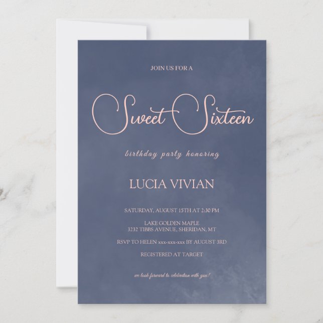 Klassische Typografie Navy Blue Smoke Sweet 16 Einladung (Vorderseite)