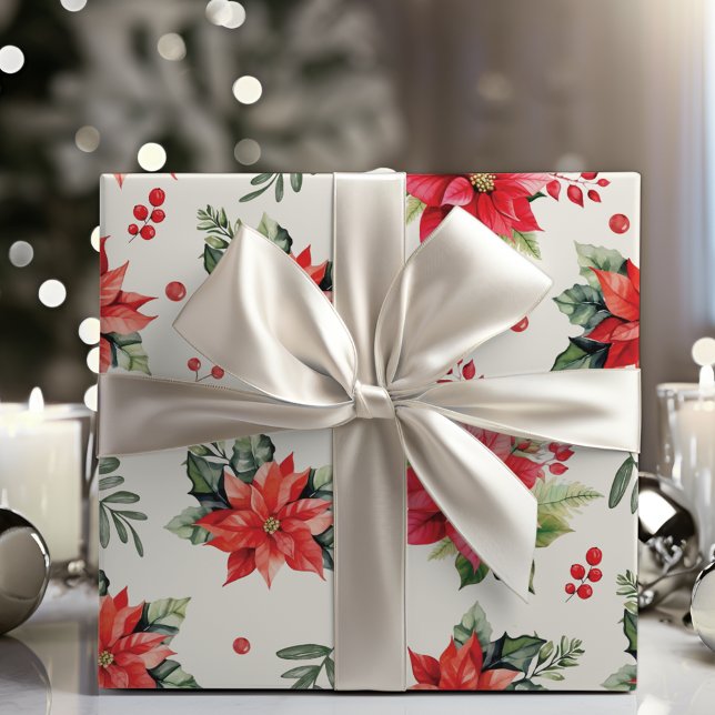 Klassische und charmante rote Poinsettias und Berr Geschenkpapier (Classic And Charming Red Poinsettias And Berries Wrapping Paper)