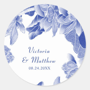 Klassische und moderne Blue White Floral Wedding Runder Aufkleber