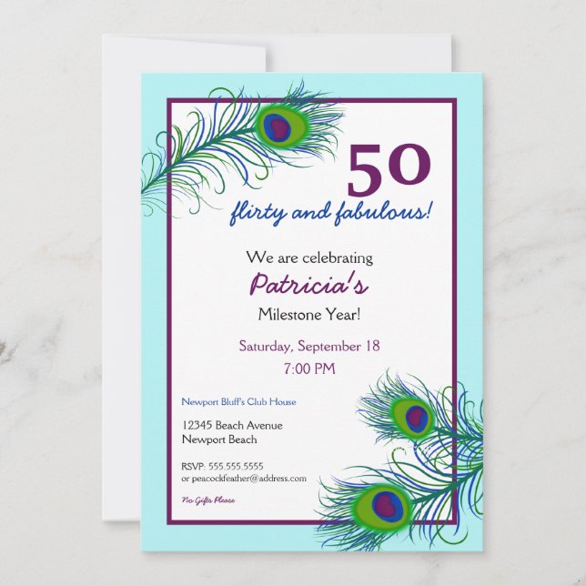 Klassische und zeitgenössische Pfauenfedern Einladung (Vorderseite)