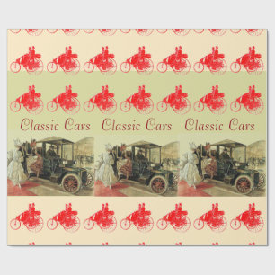 KLASSISCHE, VINTAGE-AUTOS MIT ELEGANTER DAMEN Rot Geschenkpapier