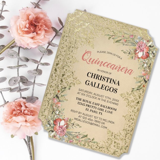 Klassische Vintage Goldene Rosa Zwergquinceanera Einladung (CLASSIC VINTAGE GOLD PINK FLORAL QUINCEANERA INVITATION)