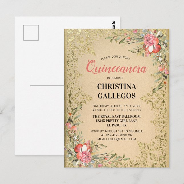 Klassische Vintage Goldene Rosa Zwergquinceanera Postkarte (Vorne/Hinten)