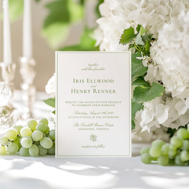 Klassische Vintage Hochzeit Grün & Weiß Einladung (Classic Vintage Sage Green & White Wedding Invitation)