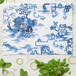 Klassische Vintage Pagode Chinoiserie Blau und Wei Geschirrtuch