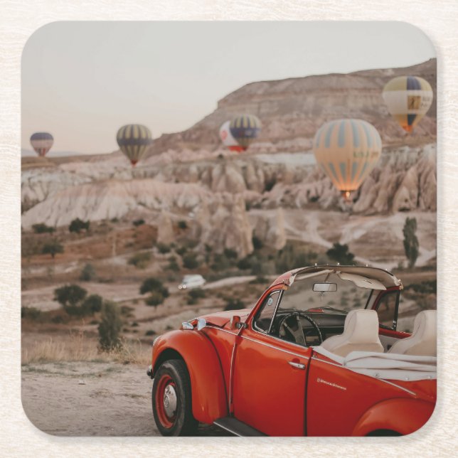 Klassische Vintage Red Car Watching Heißluftballon Rechteckiger Pappuntersetzer (Vorderseite)