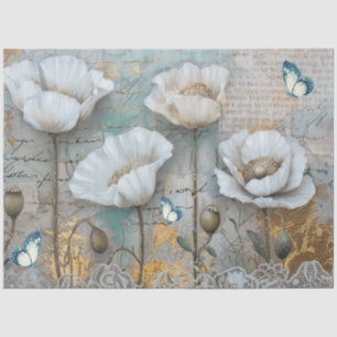 Klassische Vintage Weiße Mohnblumen & Spitze Decou Seidenpapier