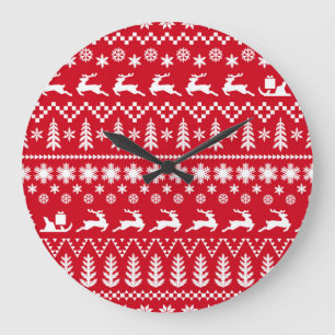 Klassische Weihnachten: Rotes, weißes Wintermuster Große Wanduhr