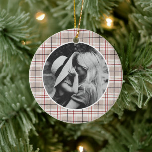 Klassische Weihnachts-Beige-Karofoto Keramik Ornament