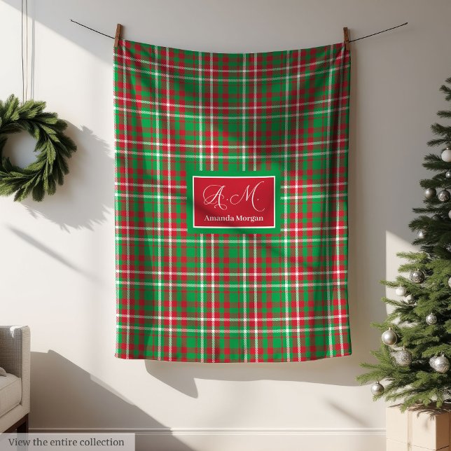 Klassische Weihnachts-Karo-Decke mit Monogramm zum Fleecedecke (Classic Christmas Plaid Blanket Monogram Holiday)