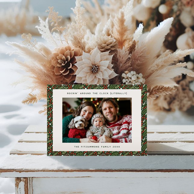 Klassische Weihnachts-Weihnachtsfamilie Fotokarte Feiertagskarte (Holly Leaf Christmas horizontal photo card
)