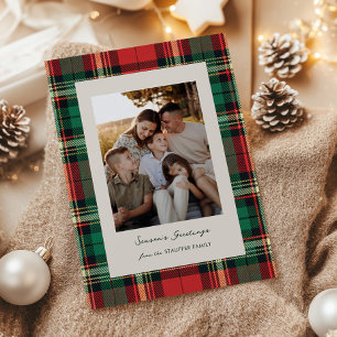 Klassische Weihnachtskarte mit Karo-Muster und Fot Feiertagskarte