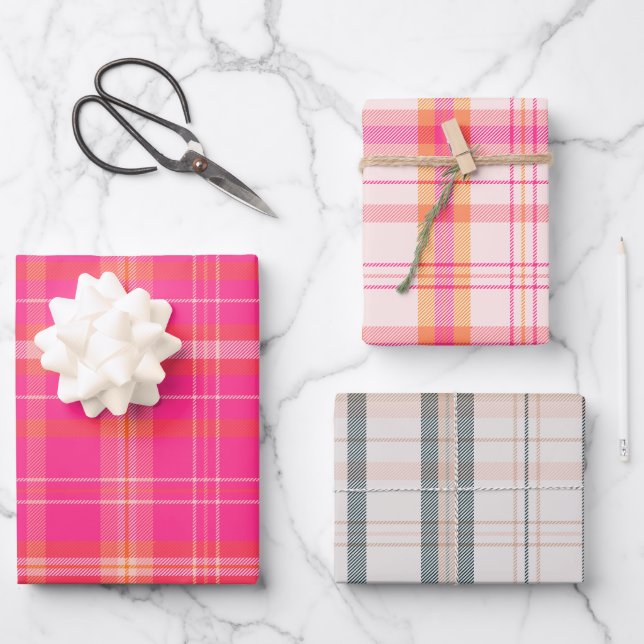 Klassische Weihnachtskollektion Kariert Pink Colle Geschenkpapier Set (Vorderseite)