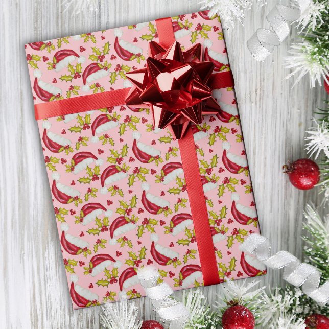 Klassische Weihnachtsmannmütze Holly Novelty Pink  Geschenkpapier (Von Creator hochgeladen)