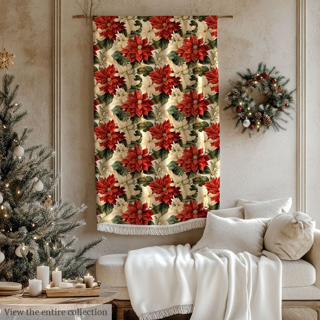 Klassische Weihnachtssterndecke Rot & Weiß Rustika Fleecedecke (Classic Poinsettia Blanket Red & White Rustic Look)