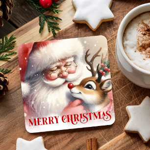 Klassische Weihnachtsuntersetzer Santa Claus Rudol Rechteckiger Pappuntersetzer