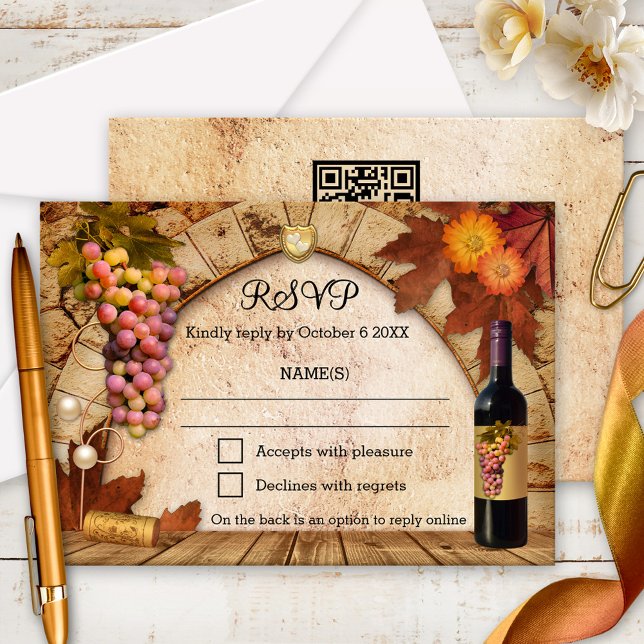Klassische Weinkellerei oder Weinberg UAWG Einladu RSVP Karte (Classic vineyard RSVP card with a painting of a wine cellar with grapes, fall leaves and flowers)