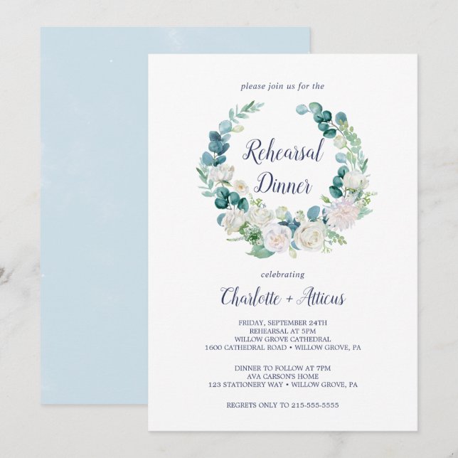 Klassische Weiße Blume Probe Abendessen Einladung (Vorne/Hinten)