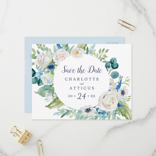 Klassische weiße Blume Save the Date Postkarte (Vorderseite/Rückseite Beispiel)