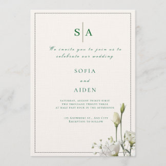 klassische weiße Blumen- und Rand-Hochzeitseinladu Einladung