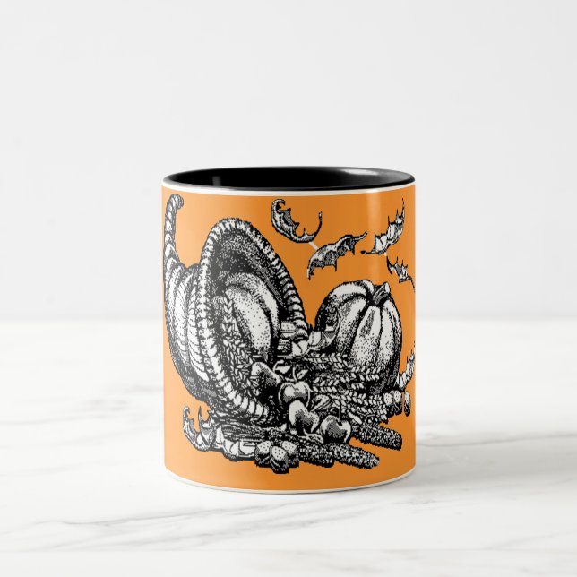 Klassische Wicker Cornucopia Schwarz-weiß Illustra Zweifarbige Tasse (Mittel)
