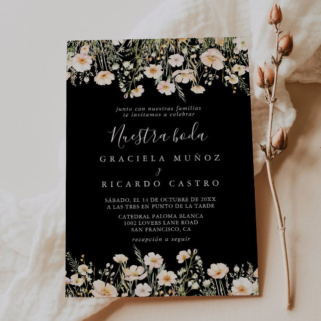 Klassische Wildblume Black Nuestra Boda Wedding Einladung (Von Creator hochgeladen)