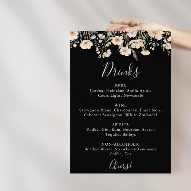 Klassische Wildblume Black Wedding Drinks Menü Poster (Von Creator hochgeladen)
