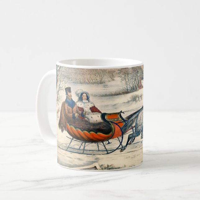 Klassischer 1853 Schlittenfahrt Currier Ives Lands Kaffeetasse (Vorderseite Links)