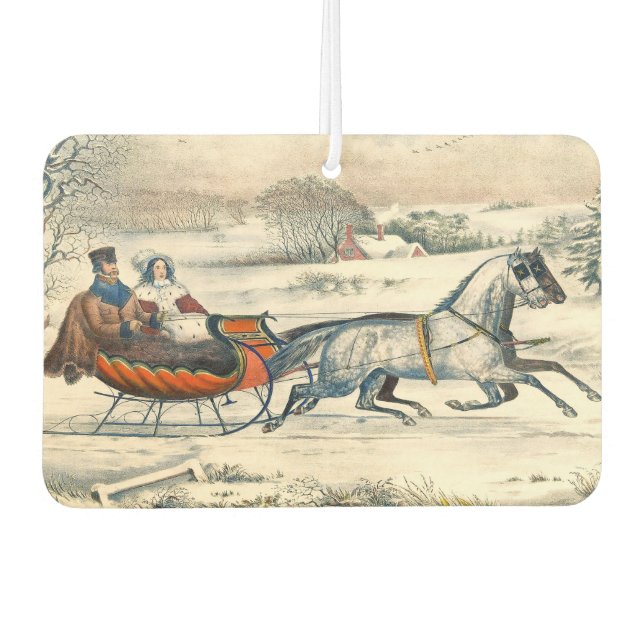 Klassischer 1853 Schlittenfahrt Currier Ives Straß Autolufterfrischer (Vorderseite)