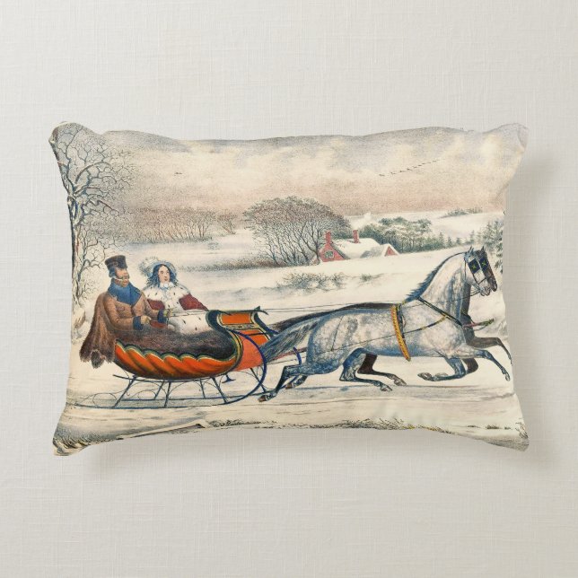 Klassischer 1853 Schlittenfahrt Currier Ives Straß Dekokissen (Vorderseite)