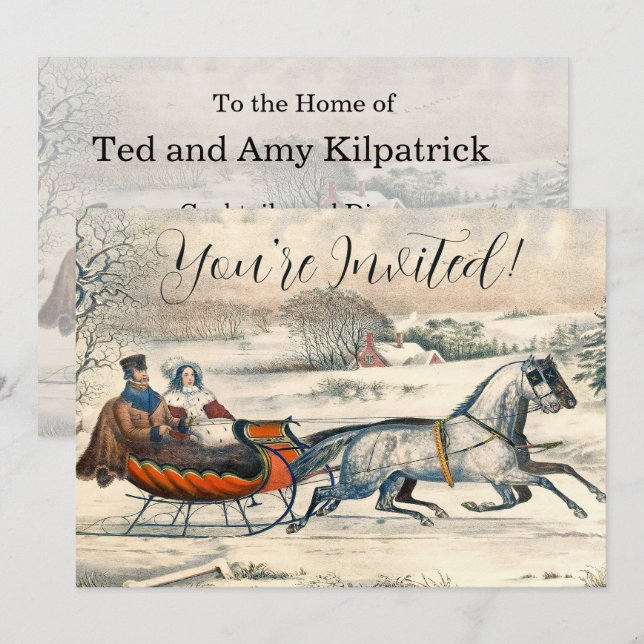 Klassischer 1853 Schlittenfahrt Currier Ives Straß Einladung (Vorne/Hinten)