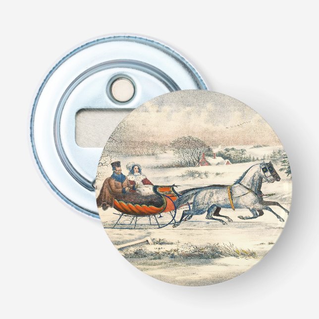 Klassischer 1853 Schlittenfahrt Currier Ives Straß Flaschenöffner (Vorderseite)