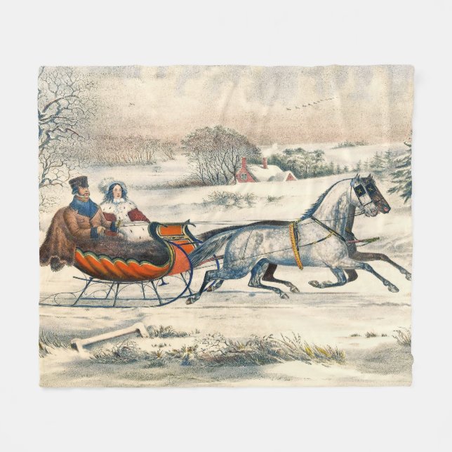 Klassischer 1853 Schlittenfahrt Currier Ives Straß Fleecedecke (Vorderseite (Horizontal))