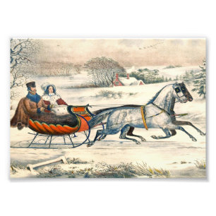 Klassischer 1853 Schlittenfahrt Currier Ives Straß Fotodruck
